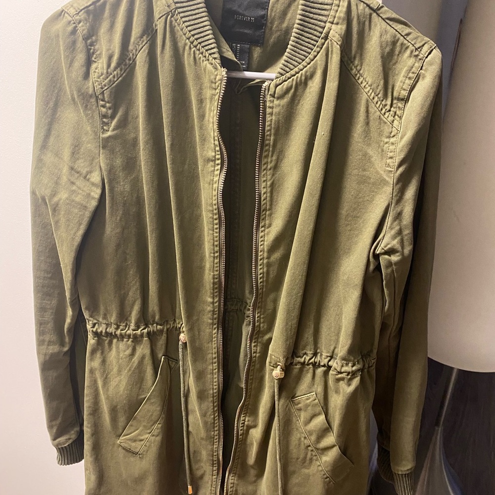Forever 21 Army Green Utility Jacket with Cinched Waistband and Gold Accents